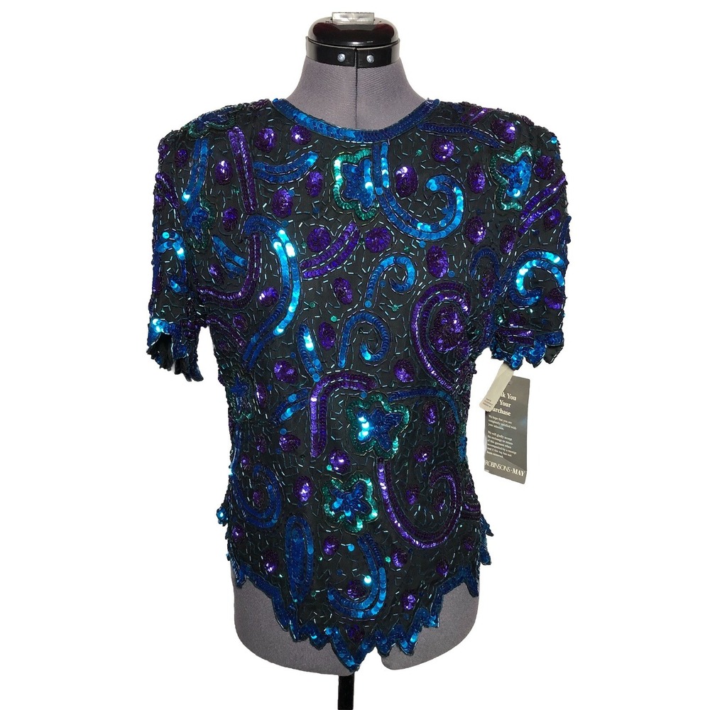 VTG 80s Lawrence Kazar Beaded Sequins Evening Wear Party Blue Top NWT B-37 M